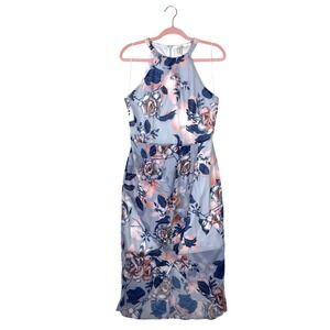 Le Shop Floral Halter Midi Dress Blue Peach Tulip Hem Wrap Skirt Size Medium
